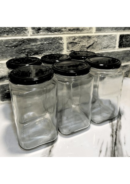 Home 6'lı 850 ml Köşeli Cam Kavanoz Seti - Siyah Kapaklı