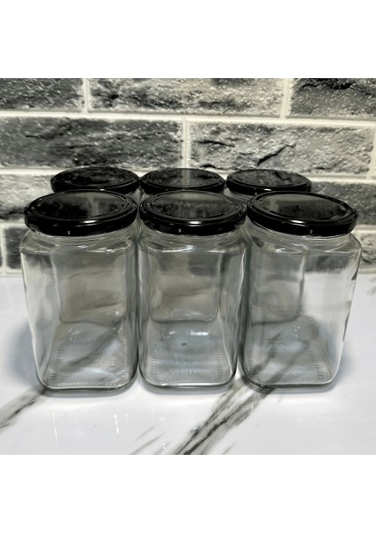 Home 6'lı 850 ml Köşeli Cam Kavanoz Seti - Siyah Kapaklı