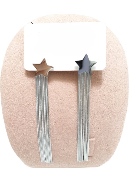 Çelik Küpe Yıldız Figürlü 7 cm Sallantılı Beş Telli Zincir Gümüş (Silver) Renkli Kararmaz
