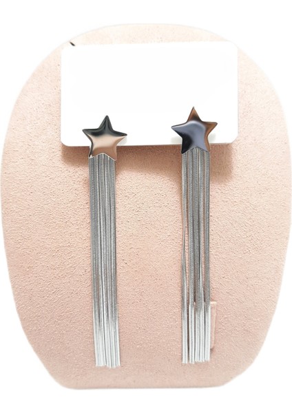 Çelik Küpe Yıldız Figürlü 7 cm Sallantılı Beş Telli Zincir Gümüş (Silver) Renkli Kararmaz