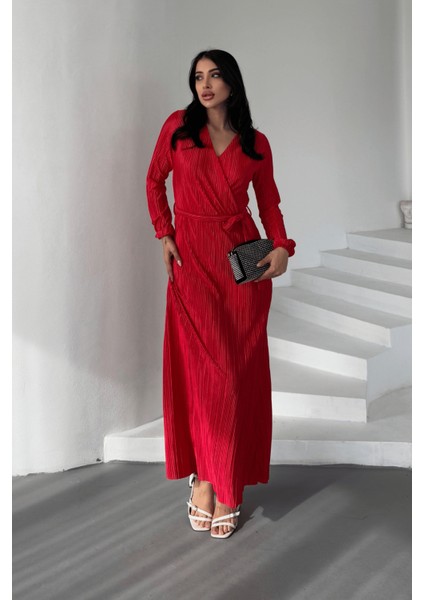 Pliseli Kuşaklı Elbise - Kırmızı