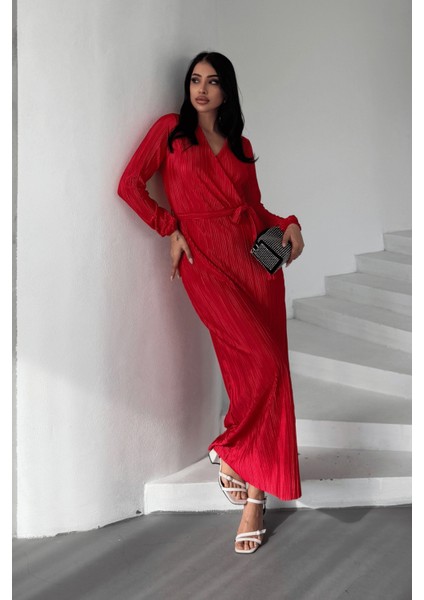 Pliseli Kuşaklı Elbise - Kırmızı fiyatları