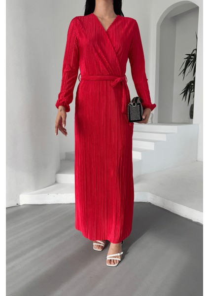 Pliseli Kuşaklı Elbise - Kırmızı modelleri