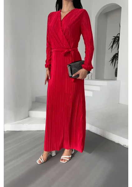 Pliseli Kuşaklı Elbise - Kırmızı fırsatları
