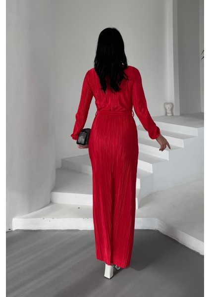 Pliseli Kuşaklı Elbise - Kırmızı indirimleri