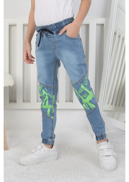 Yeşil Grafiti Baskılı Erkek Çocuk Mavi Kot Pantolon 6209