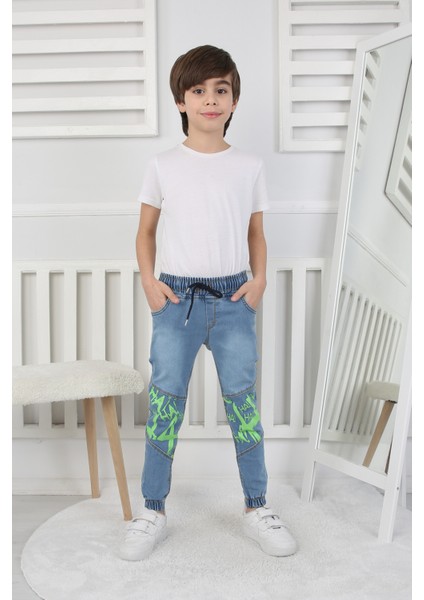 Yeşil Grafiti Baskılı Erkek Çocuk Mavi Kot Pantolon 6209 modelleri