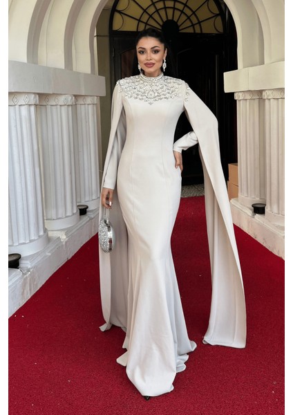 Atlas Kumaş Taşlı Pelerin Detaylı Balık Elbise - Bej