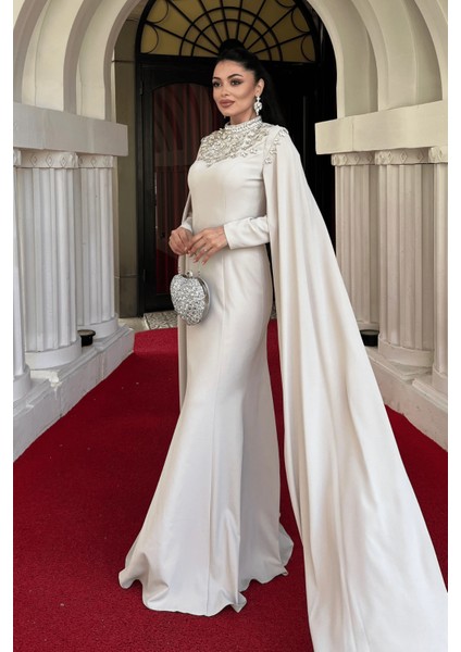 Atlas Kumaş Taşlı Pelerin Detaylı Balık Elbise - Bej fiyatları