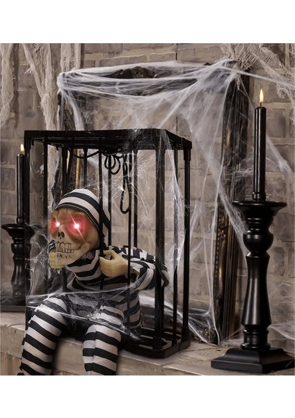 Hareketli Sesli Sensörlü Mahkum Görünümlü Kuru Kafa Iskelet Dekorasyon 22X27 cm fiyatları