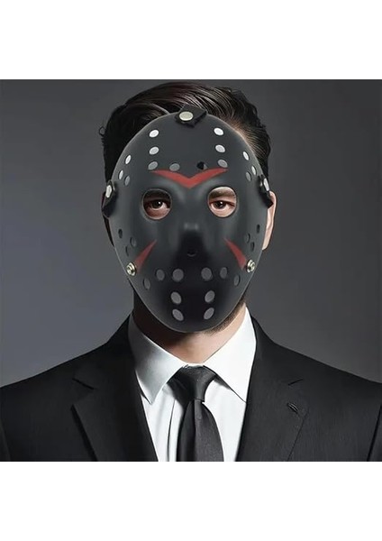 Siyah Renk Kırmızı Çizgili Tam Yüz Hokey Jason Maskesi Hannibal Maskesi