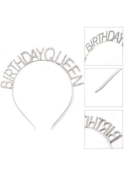 Gümüş Renk Kristal Taşlı Parlak Birthday Queen Yazılı Kraliçe Taç 16 x 17 cm