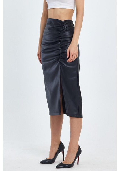 Kadın Büzgülü Yırtmaçlı Suni Deri Etek fiyatları