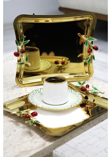 3 Kişilik İtalyan Kirazlı Kulp Tasarım Gold Kare Kahve Sunum Tepsisi fiyatları