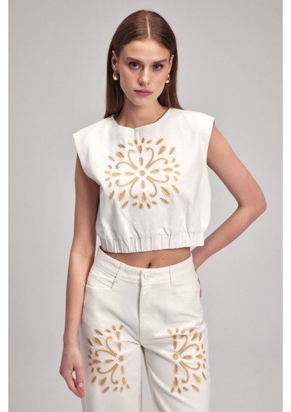 Kolsuz Beli Lastikli Crop Bluz Kemik 11542440001