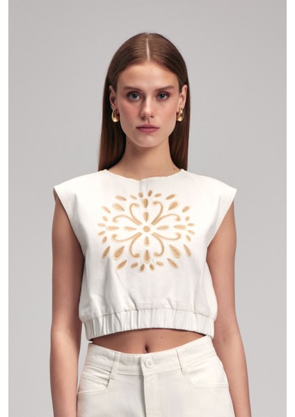 Kolsuz Beli Lastikli Crop Bluz Kemik 11542440001