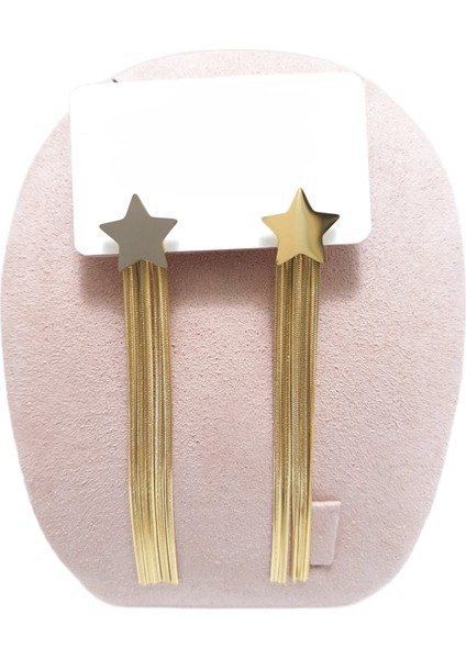 Çelik Küpe Yıldız Figürlü 7 cm Sallantılı Beş Telli Zincir Altın Sarısı (Gold) Renkli Kararmaz