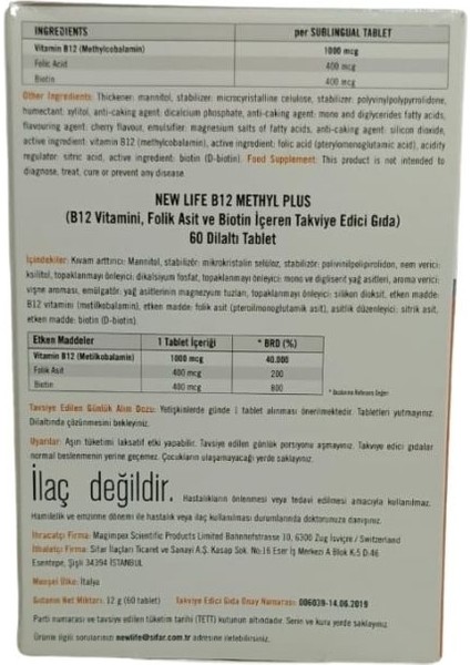 New Lıfe B12 Plus Methylcobalamın, Folıc Acıd, Bıotın Tablet 60 Tablet