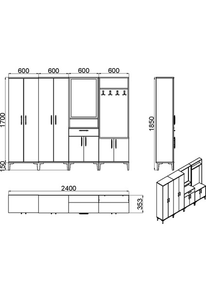 Sezen-1-2-3-3 Aynalı Çekmeceli Vestiyer Portmanto Ayakkabılık SZN02