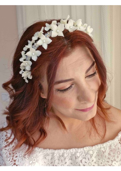 Çiçekli Gelin Tacı, Porselen Çiçekli, El Yapımı Gelin Tacı, Isteme, Nikah, Nişan, Düğün, Söz