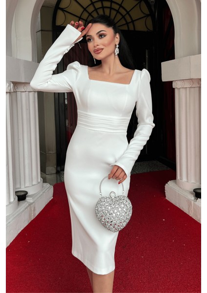 Atlas Kumaş Gül Detaylı Kalem Elbise - Beyaz fırsatları