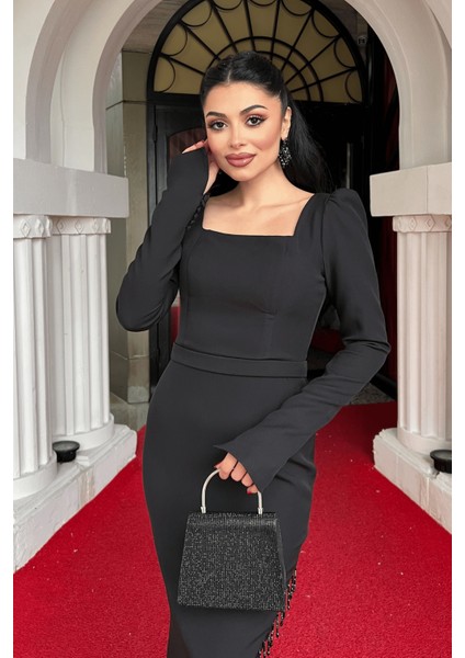 Atlas Kumaş Boncuk Detaylı Kalem Elbise - Siyah modelleri