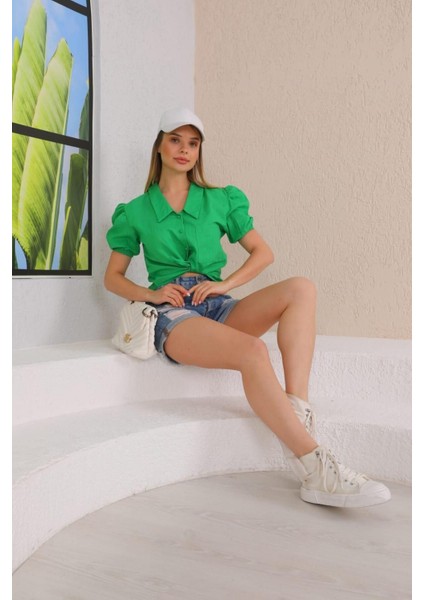Kadın Flam Keten Crop Gömlek fırsatları