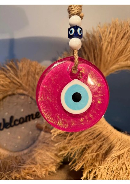 El Yapımı Hediyelik Dekoratif Nazar Boncuğu, Simli ve İpli, Pembe 11 cm Kapı ve Duvar Süsü, Cam Nazarlık