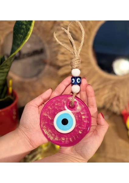 El Yapımı Hediyelik Dekoratif Nazar Boncuğu, Simli ve İpli, Pembe 11 cm Kapı ve Duvar Süsü, Cam Nazarlık