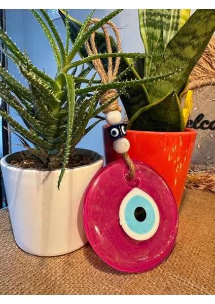 El Yapımı Hediyelik Dekoratif Nazar Boncuğu, Simli ve İpli, Pembe 11 cm Kapı ve Duvar Süsü, Cam Nazarlık