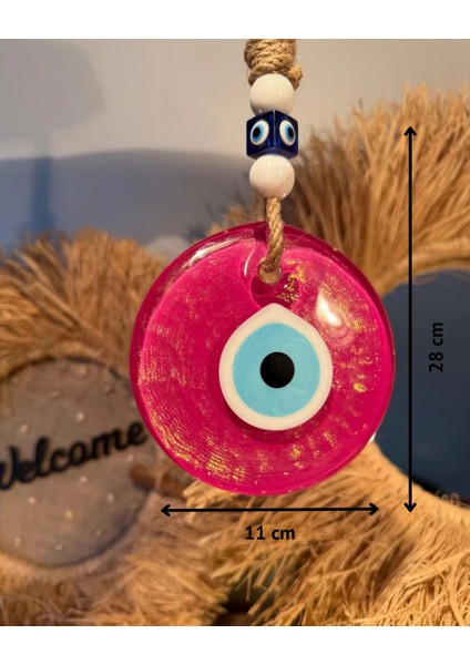 El Yapımı Hediyelik Dekoratif Nazar Boncuğu, Simli ve İpli, Pembe 11 cm Kapı ve Duvar Süsü, Cam Nazarlık
