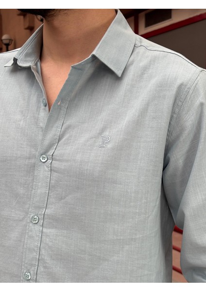 Erkek, Gömlek Yaka, Regular Fit, Pamuklu, Keten Dokuma, Old Money Culture, Nakış Detaylı Gömlek G10
