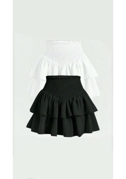 2'li Siyah ve Beyaz Iki Katlı Yüksek Bel Fırfırlı Etek
