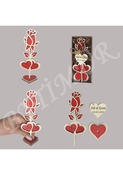 Düğün Nişan Nikah Kına Söz Hediyelik Tomurcuk Gül Model İki Kalp Süslü Kutu 15 Adet