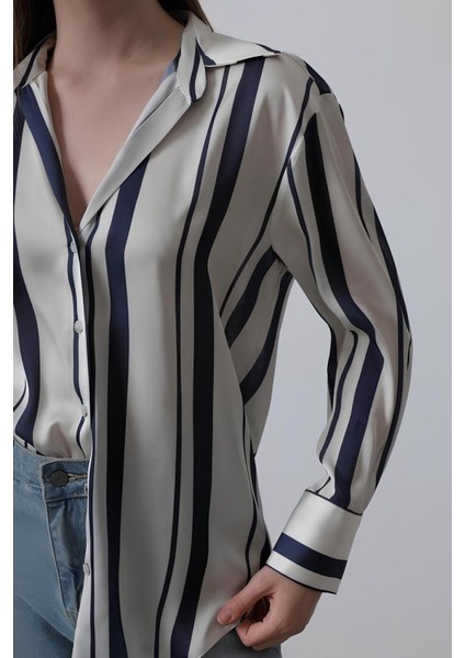 Beyaz Yakalı Çizgili Saten Uzun Kollu Gömlek fiyatları