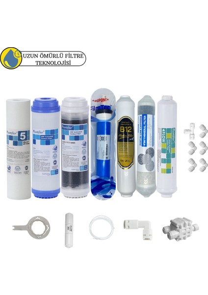 Purefer Açık Kasa Çift Karbonlu Sertifikalı 7li B12 Alkali+Fılmtec Dupon Mebran Şeffaf 4lü Mineralli