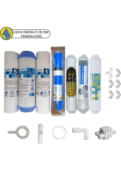 Purefer Açık Kasa Çift Sediment Sertifikalı 7li Vontron Helixfil Yüksek Tds Mebran 4lü Mineral+B12