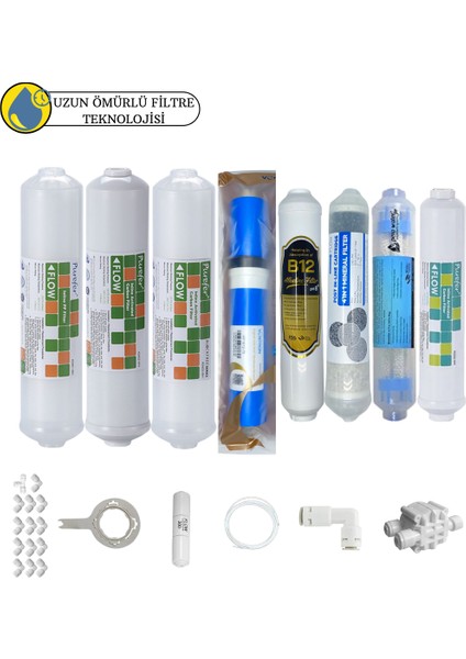 Purefer Kapalı Kasa Su Arıtma Sertifikalı 8li B12+Detox Vontron Helixfil Mebran 4lü Mineral Set