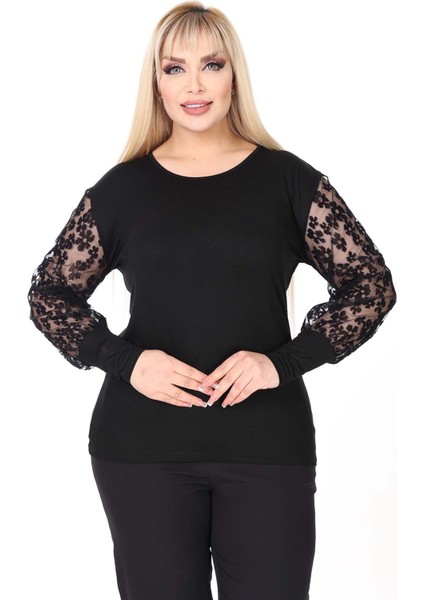 Siyah Papatya Kol Büyük Beden Bluz 27E-2639