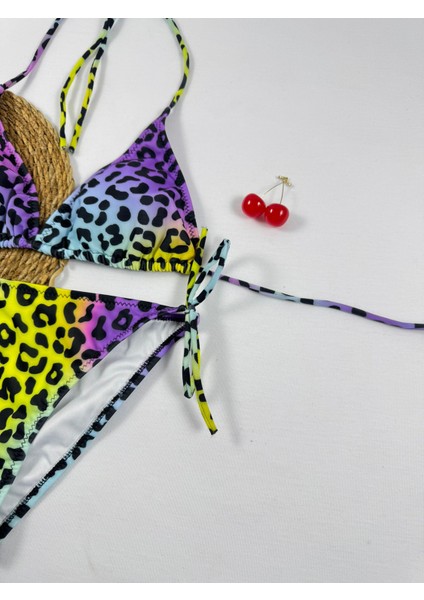 Renkli Leopar Desenli Slip Üçgen Kadın Bikini Takımı fiyatları