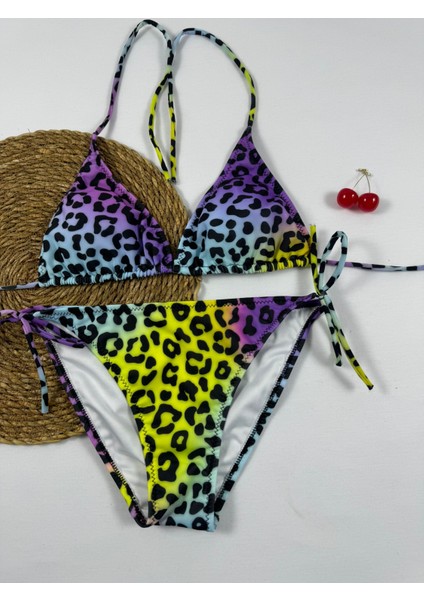 Renkli Leopar Desenli Slip Üçgen Kadın Bikini Takımı