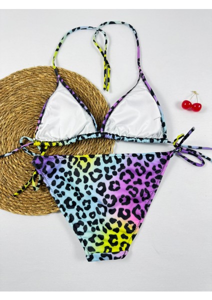 Renkli Leopar Desenli Slip Üçgen Kadın Bikini Takımı modelleri