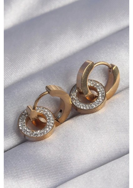 316L Çelik Gold Renk Zirkon Taşlı Iç Içe Geçmeli Oval Küpe