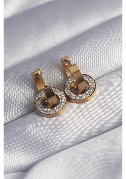 316L Çelik Gold Renk Zirkon Taşlı Iç Içe Geçmeli Oval Küpe