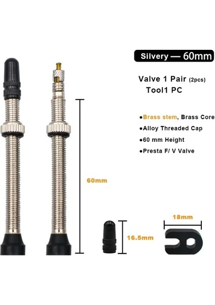 Gümüş 60MM Tarzı 2 Adet mm Bisiklet Pirinç Veya Alaşımlı Kök Fv Presta Tubeless Lastik Vana Yol Bisikleti Mtb Nipel Aracı Tubeless Mastik Alaşımlı Vana (Yurt Dışından)