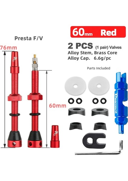 VF60G Kırmızı B Stili Deemount Hava mm Presta Nipel Fv Vanalar Yol Için Tubeless Karbon Jant Alaşımlı Kök Pirinç Çekirdek Bisiklet Dıy Aksesuarları (Yurt Dışından)