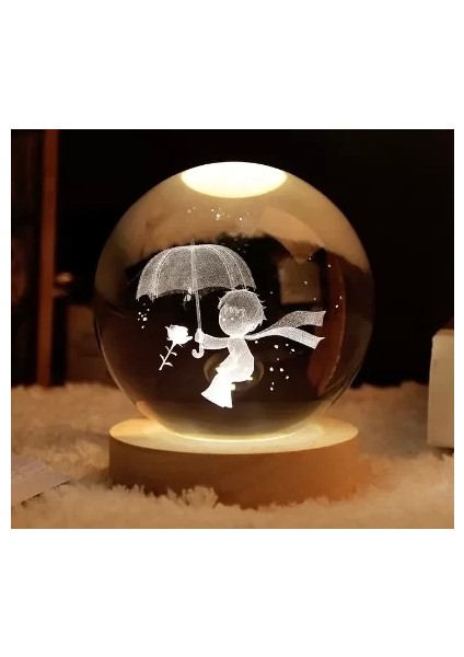 Dekoratif Küçük Prens Tasarımlı Ahşap Altlıklı Işıklı Cam Küre Cam:6cm Ahşap:2cm