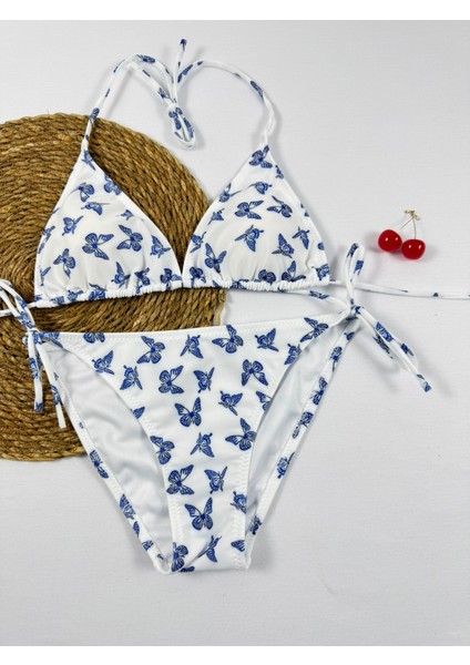 Kelebek Desenli Üçgen Ipli Slip Kadın Bikini Takımı