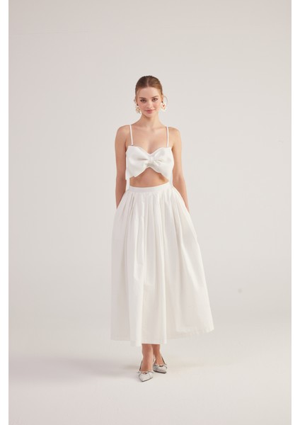 Beli Kemerli Cepli Astarlı Uzun olivia etek Beyaz