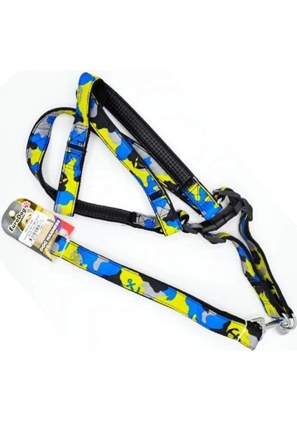 Köpek Uzatma Tasması Ve Göğüs Tasması Takımı Sarı Kamuflaj 25 mm 120 cm